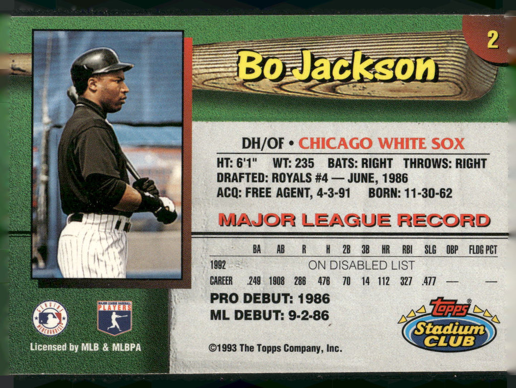 1993 Stadium Club Chicago White Sox #2 Bo Jackson