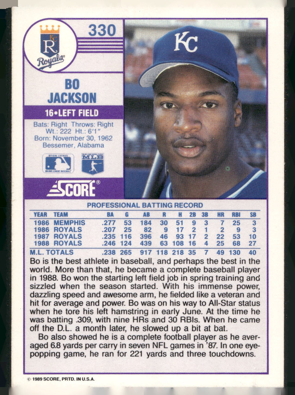 1989 Score #330 Bo Jackson