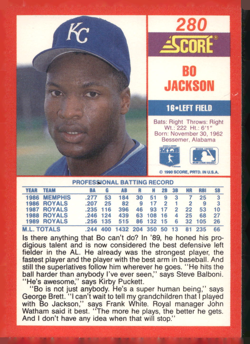 1990 Score #280b Bo Jackson