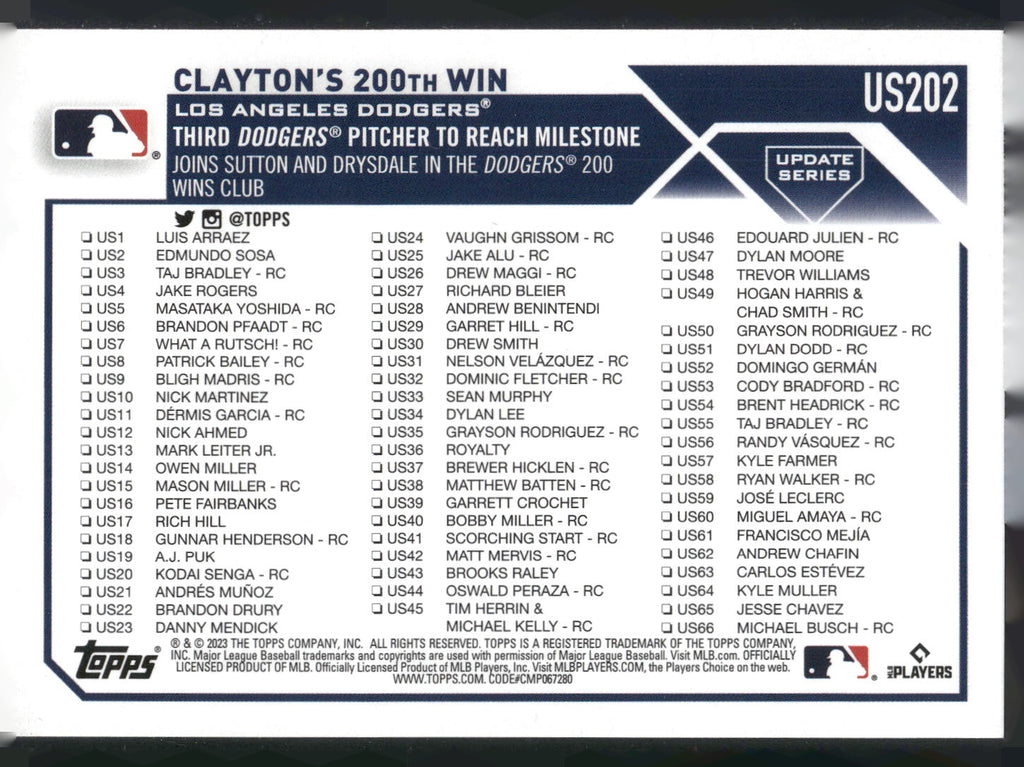 2023 Topps Update #US202 Clayton's 200th Win