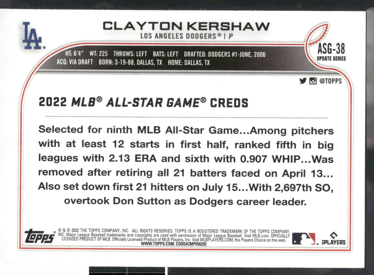 2022 Topps Update #ASG-38 Clayton Kershaw 2022 MLB All-Star Game
