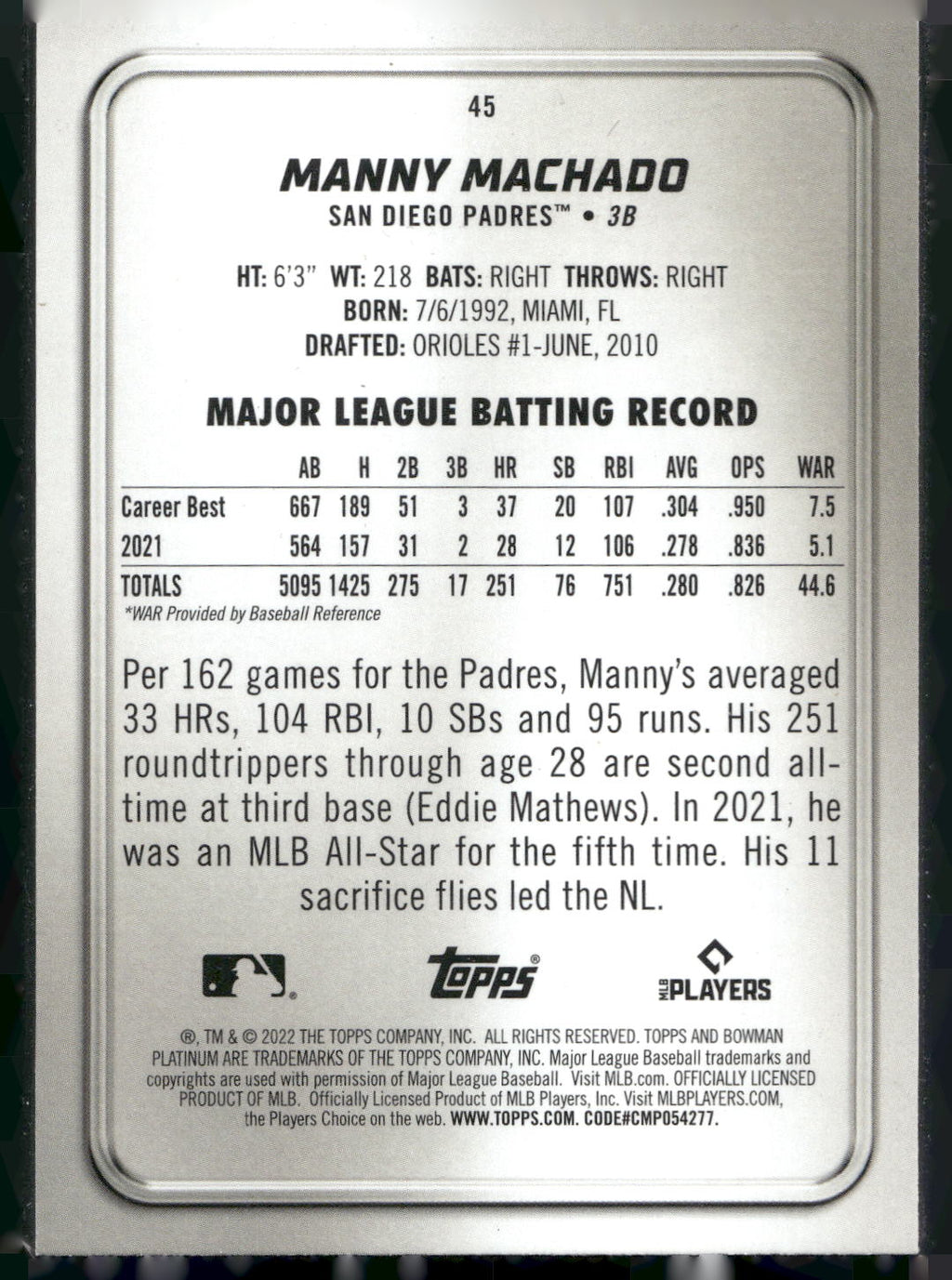 2022 Bowman Platinum #45 Manny Machado