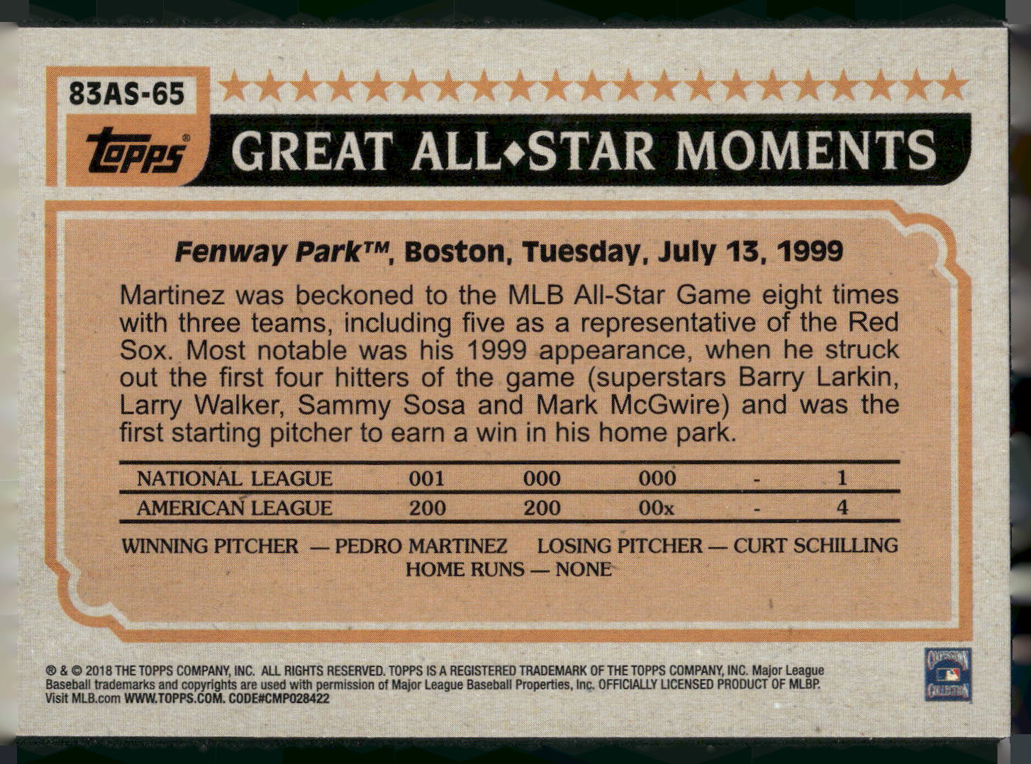 2018 Topps #83AS-65 Pedro Martinez 1983 Topps Baseball All-Stars Blue