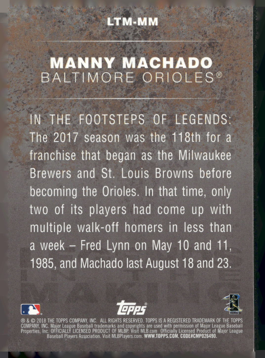 2018 Topps #LTM-MM Manny Machado Legends in the Making (Series 1)