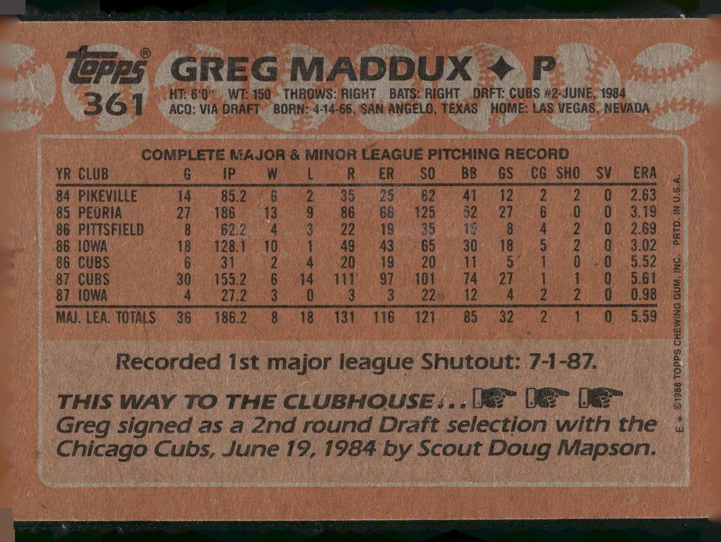 1988 Topps #361 Greg Maddux
