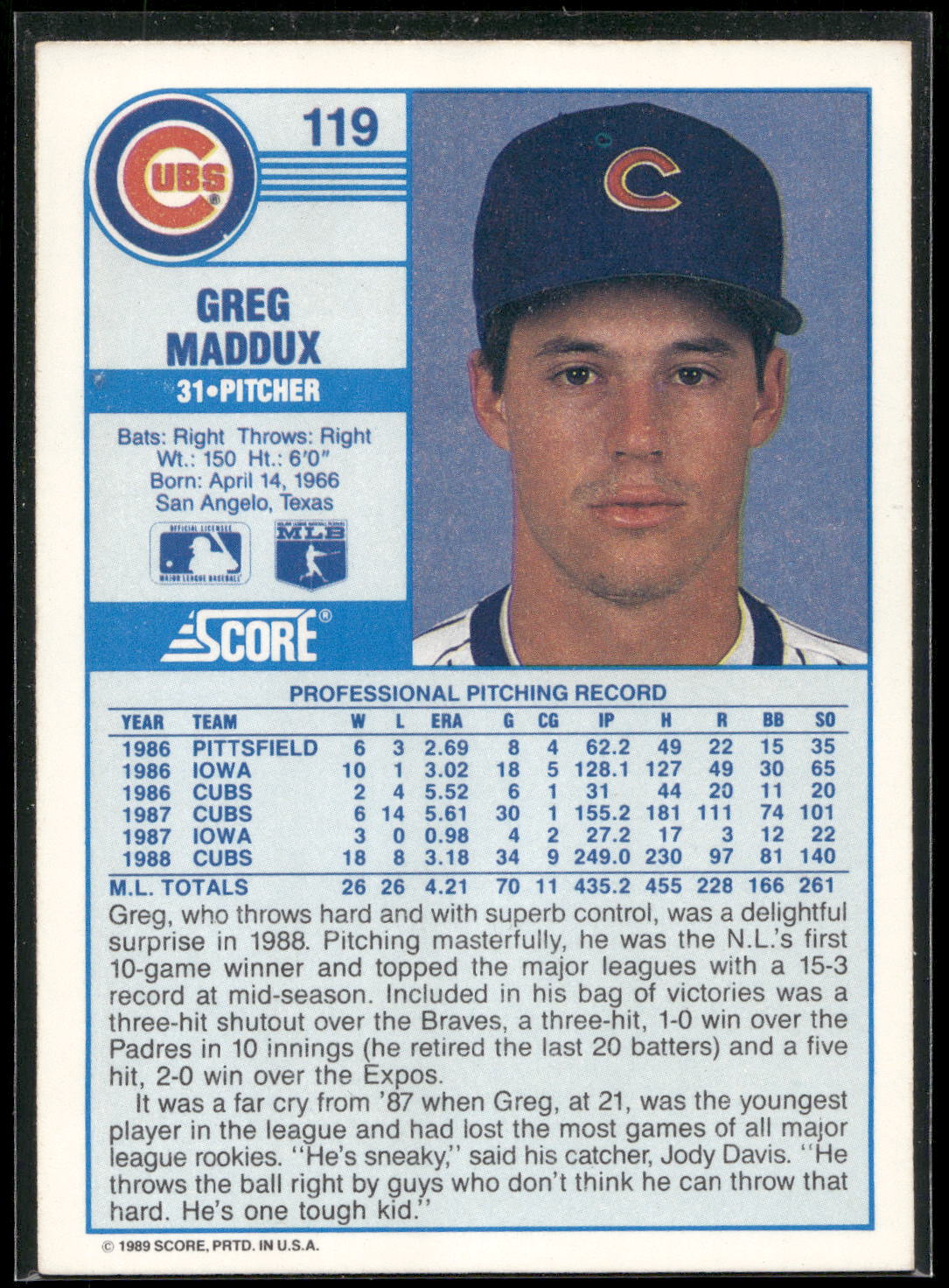 1989 Score #119 Greg Maddux