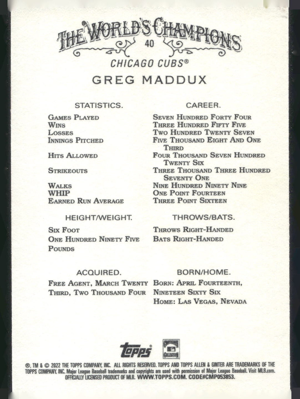 2022 Topps Allen & Ginter #40 Greg Maddux