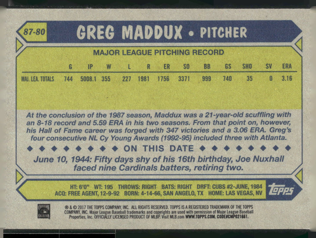 2017 Topps #87-80 Greg Maddux 1987 Topps Baseball 30th Anniversary