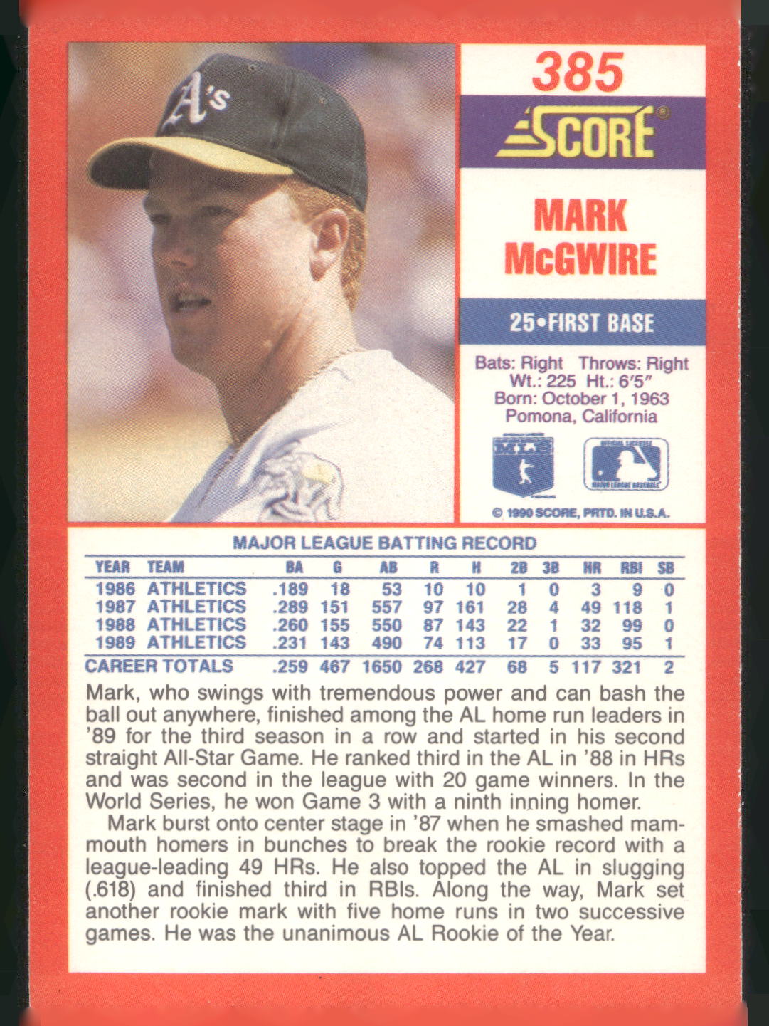 1990 Score #385 Mark McGwire