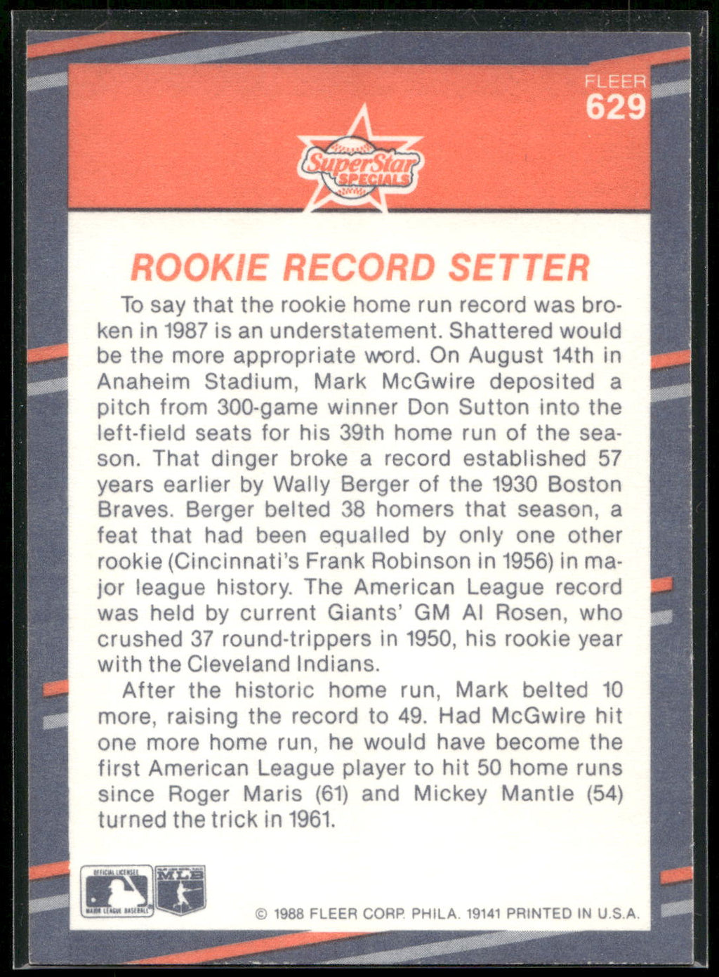 1988 Fleer #629 Rookie Record Setter (Mark McGwire)