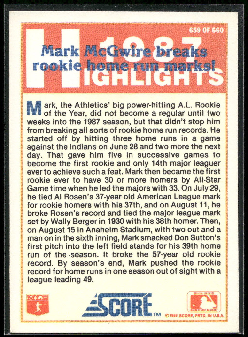 1988 Score #659 Mark McGwire