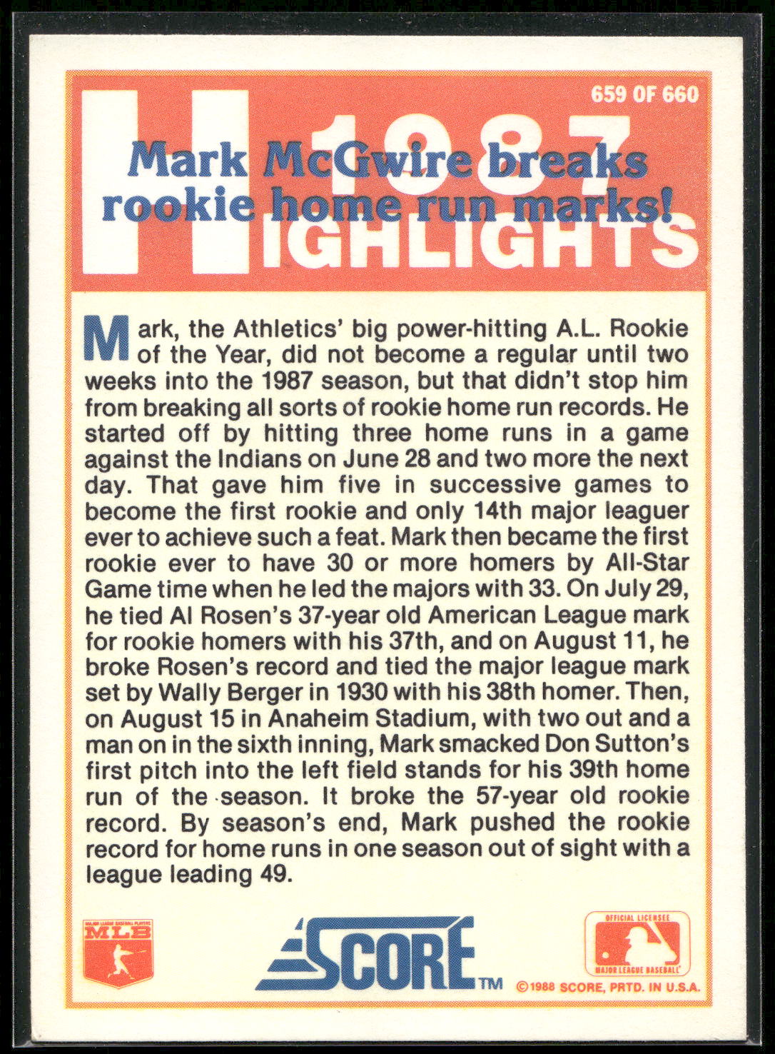 1988 Score #659 Mark McGwire