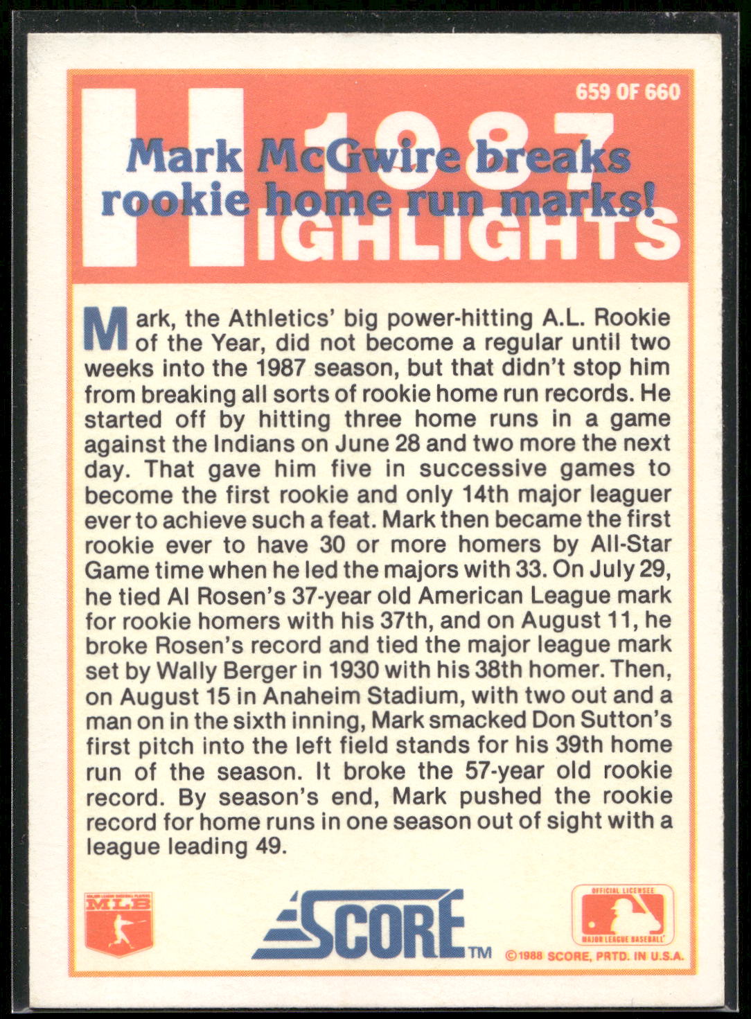 1988 Score #659 Mark McGwire
