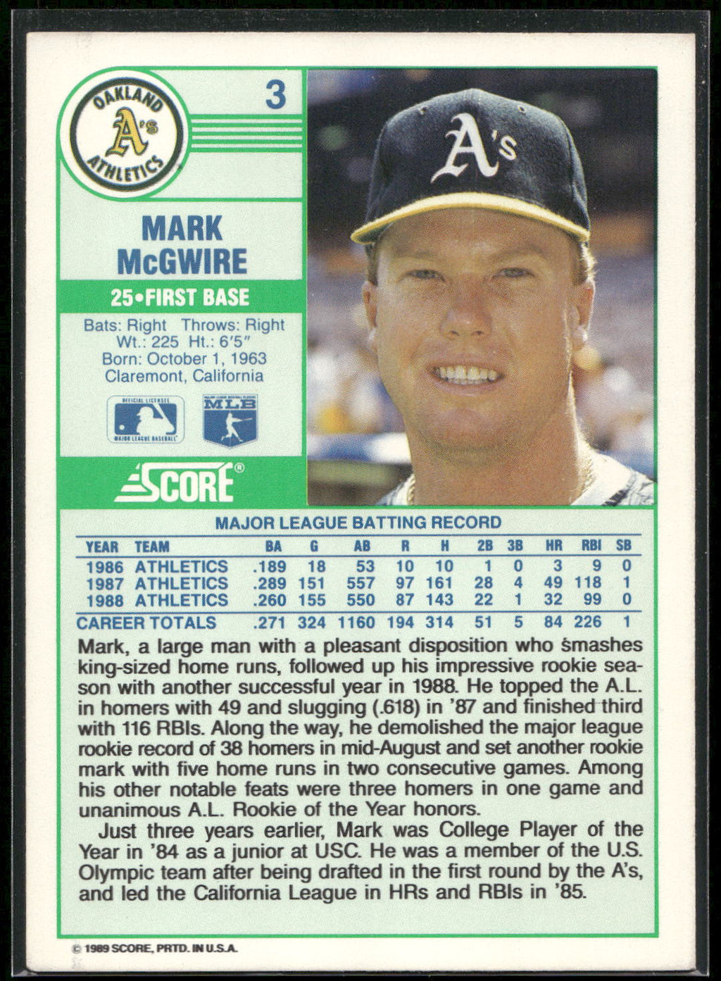 1989 Score #3 Mark McGwire