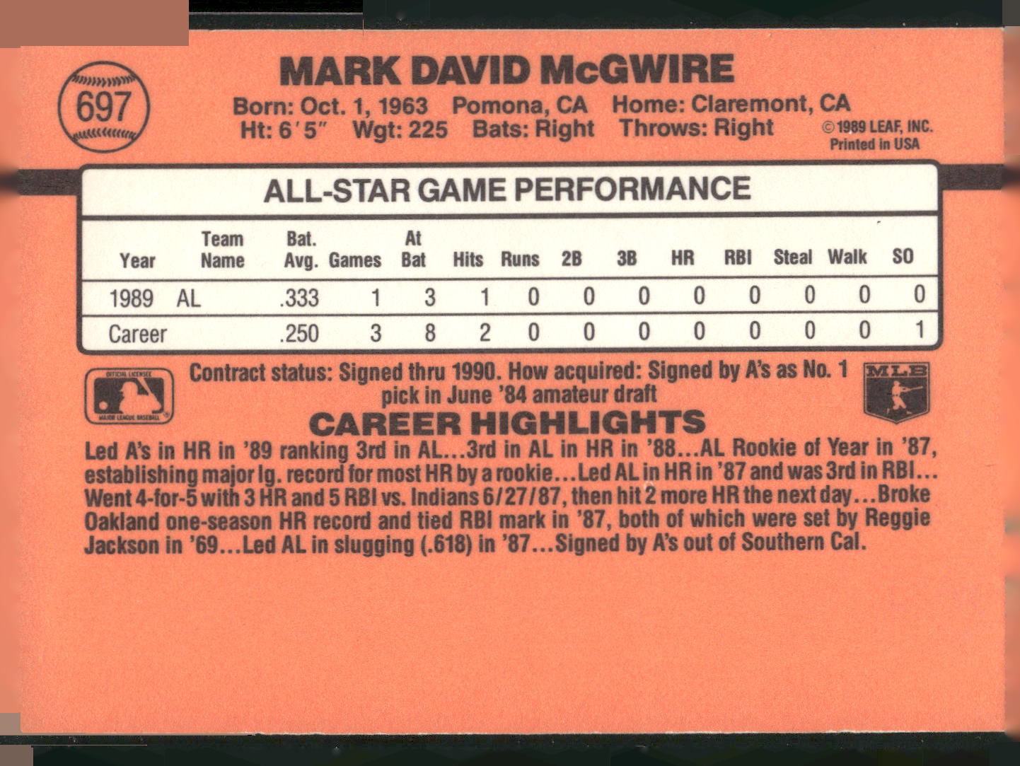 1990 Donruss #697 Mark McGwire