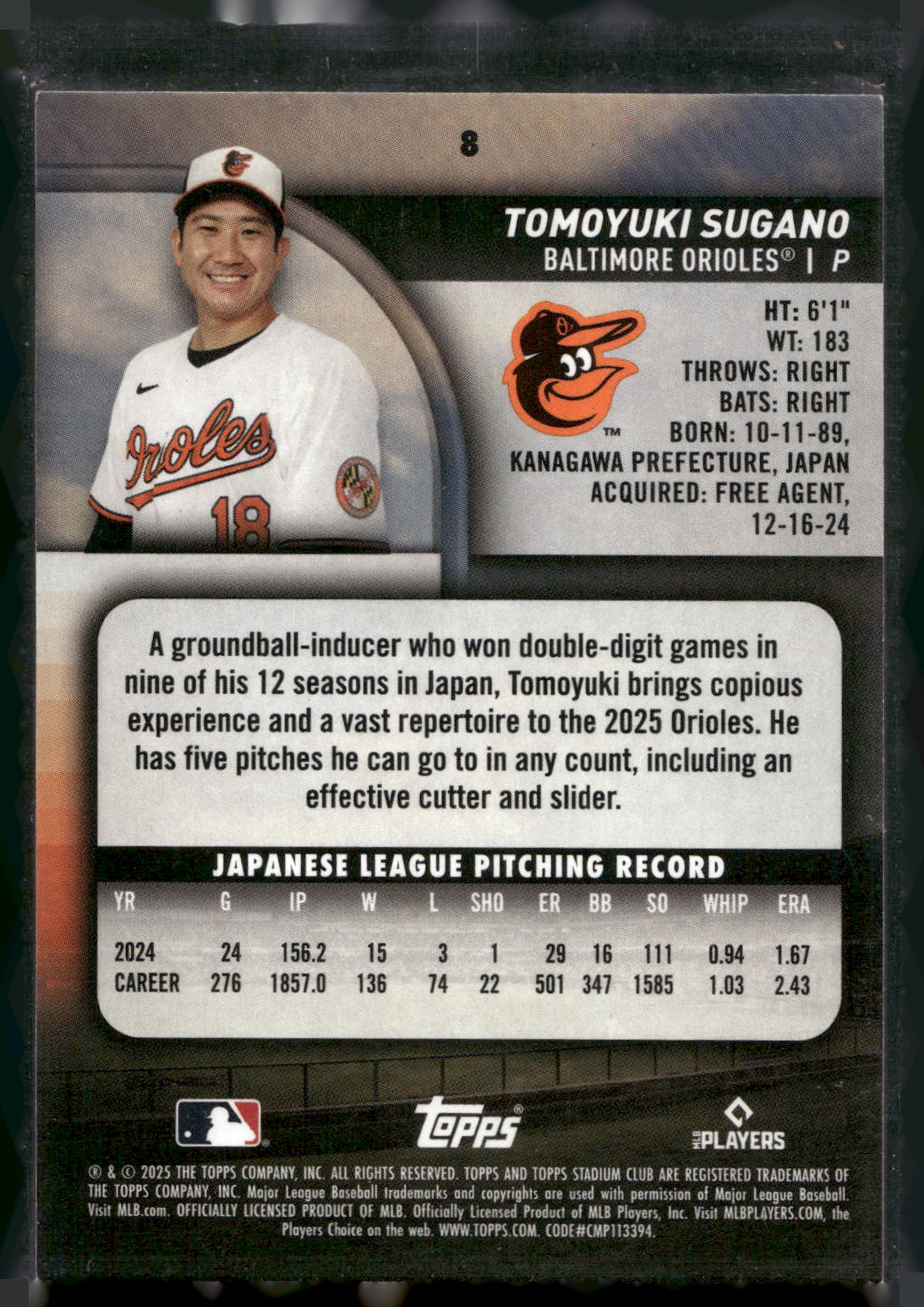 2025 Stadium Club #8 Tomoyuki Sugano Pink Foil