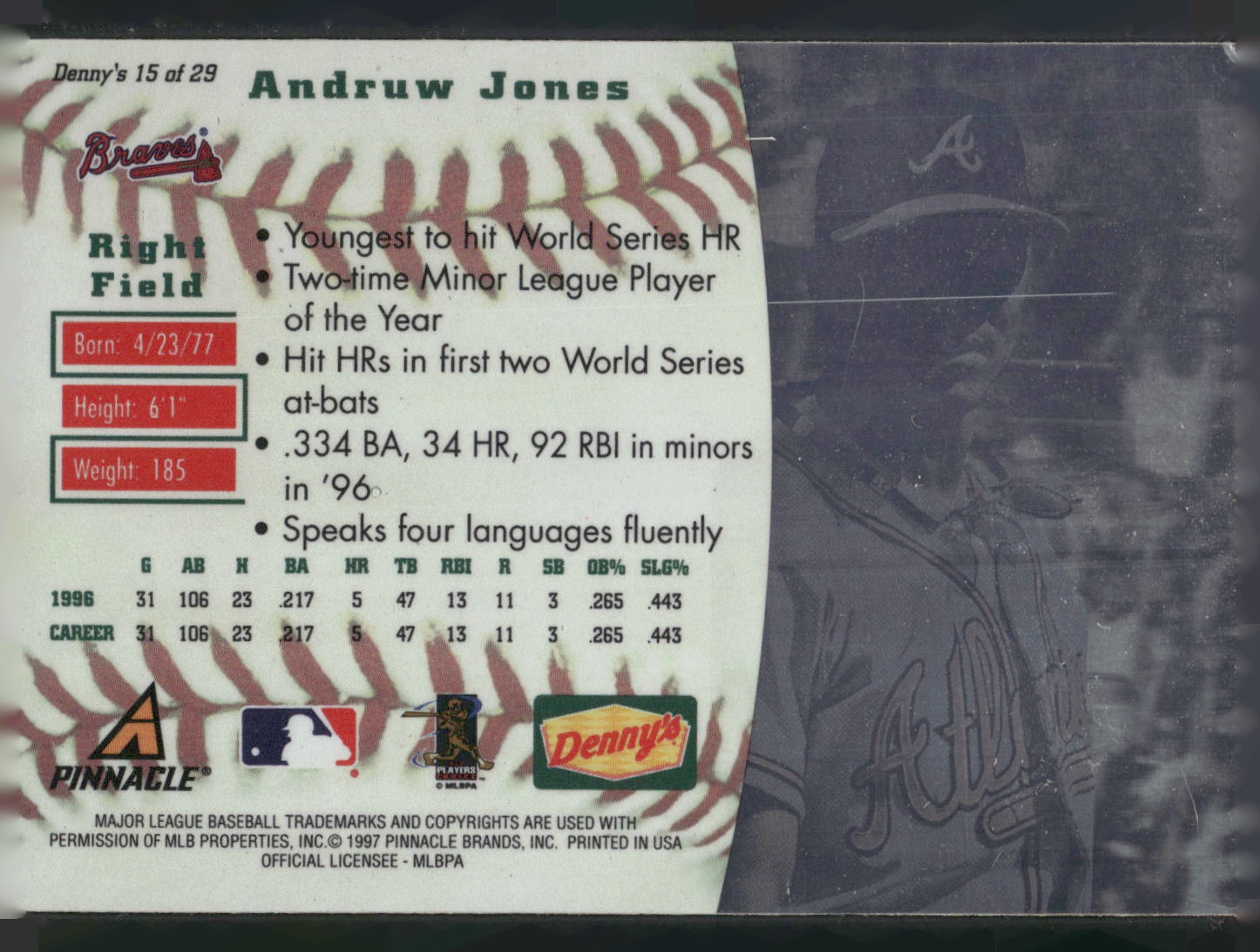 1997 Pinnacle Denny's Holograms #15 Andruw Jones