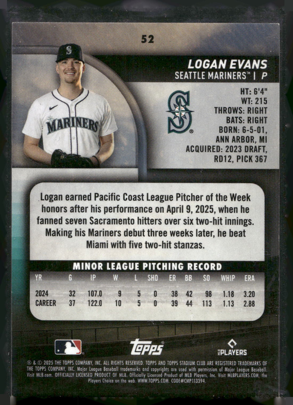 2025 Stadium Club #52 Logan Evans Pink Foil