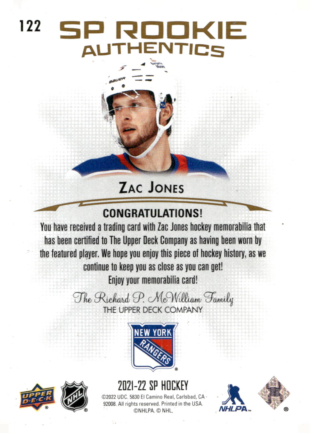 2021-22 SP #122 Zac Jones Rookie Authentics Jersey