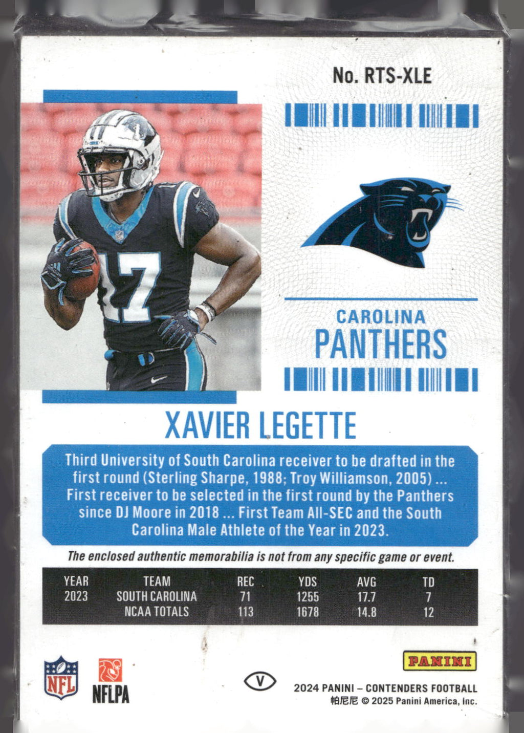 2024 Panini Contenders #RTS-XLE Xavier Legette Rookie Ticket Swatches