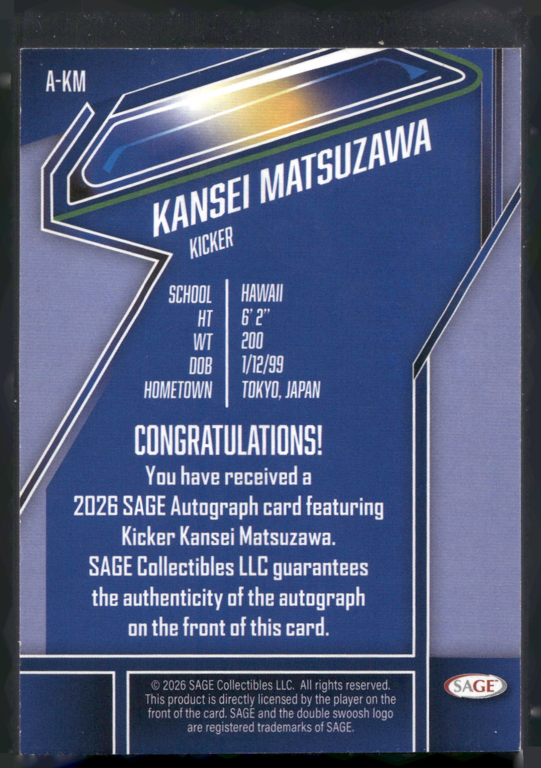 2026 SAGE #A-KM Kansei Matsuzawa Autographs Blue (High Series)