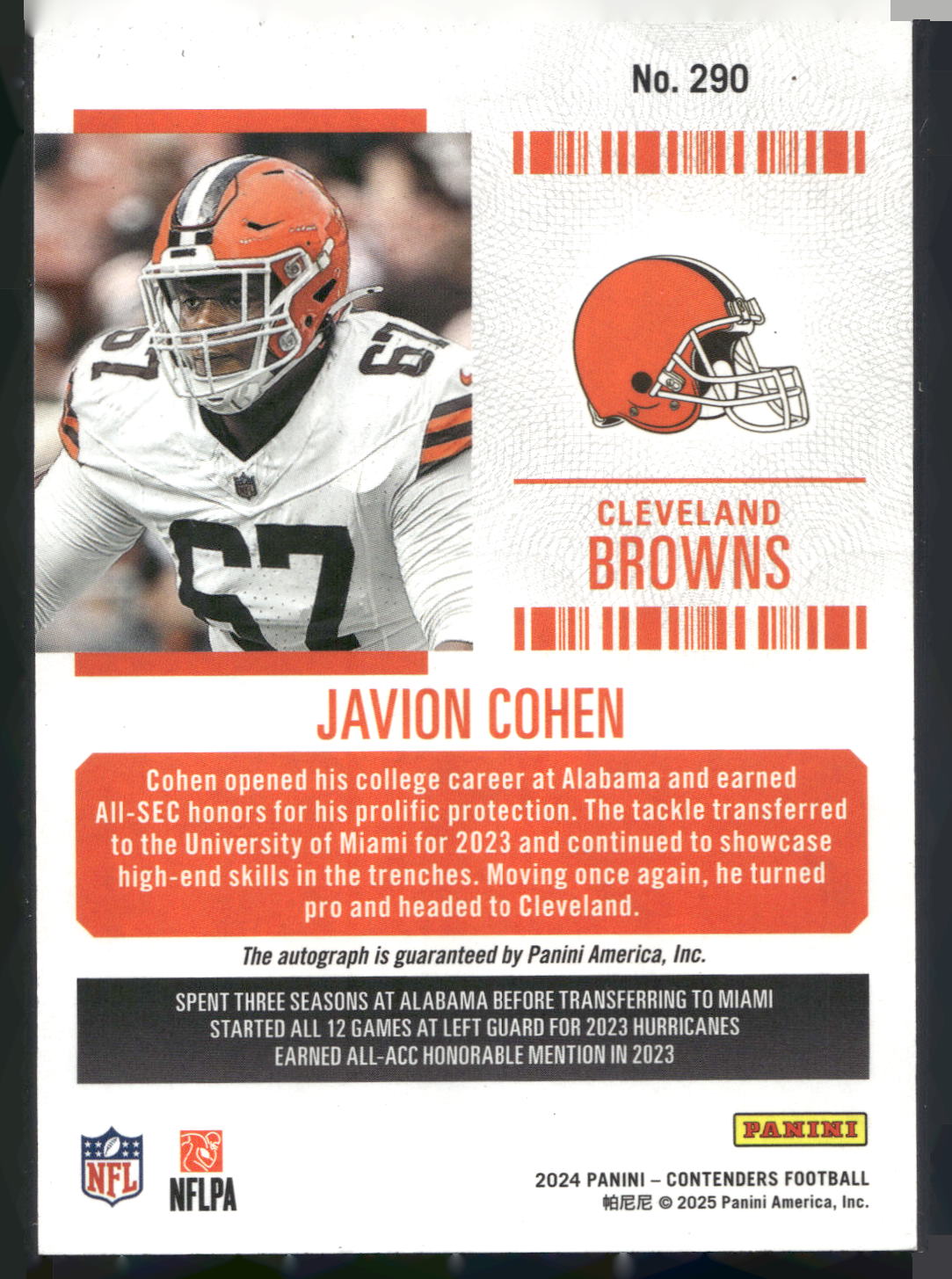 2024 Panini Contenders #290 Javion Cohen Opening Kickoff (Green Laser) Ticket
