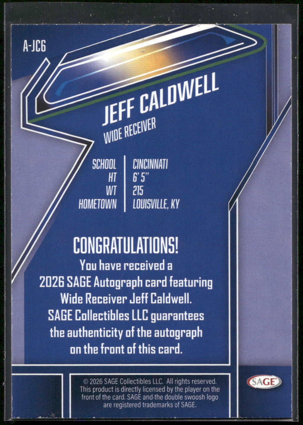 2026 SAGE #A-JC6 Jeff Caldwell Autographs Blue (High Series)