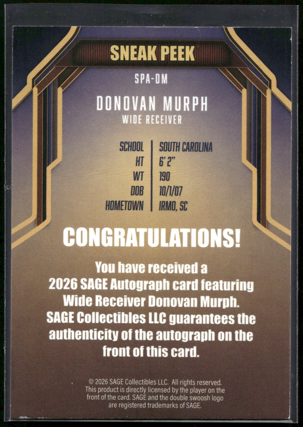 2026 SAGE #SPA-DM Donovan Murph Sneak Peek Autographs (High Series)