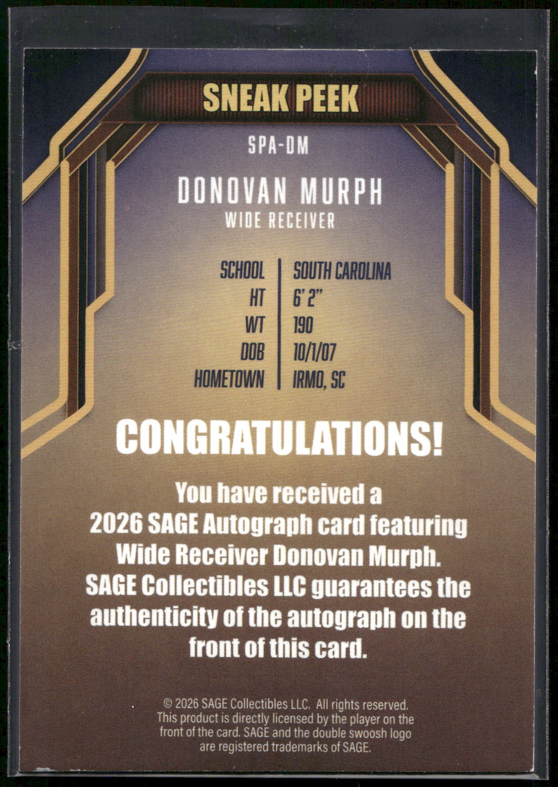 2026 SAGE #SPA-DM Donovan Murph Sneak Peek Autographs (High Series)