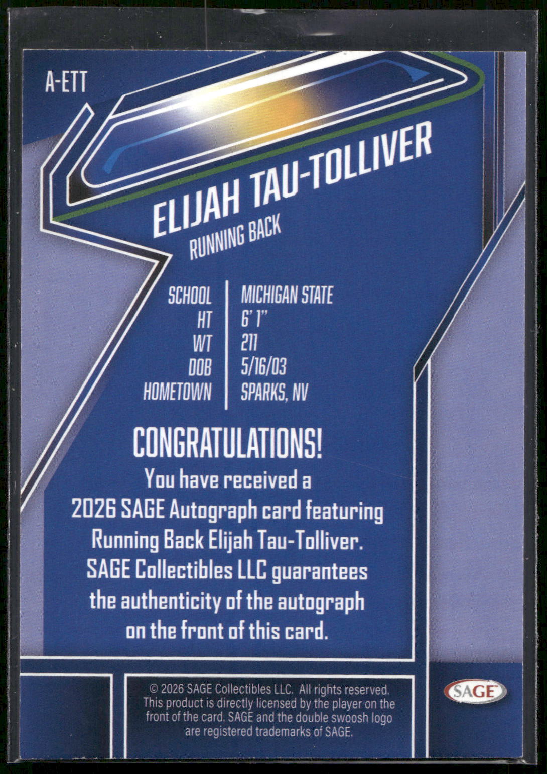 2026 SAGE #A-ETT Elijah Tau-Tolliver Autographs Blue (High Series)