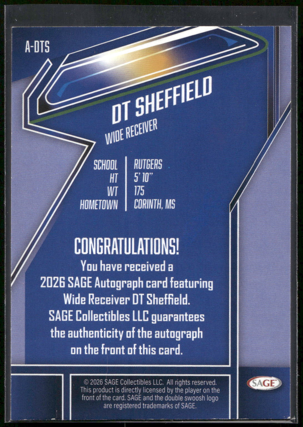 2026 SAGE #A-DTS DT Sheffield Autographs Blue (High Series)