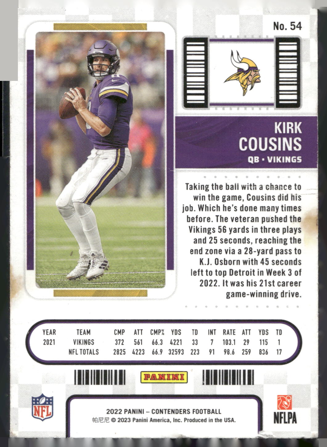 2022 Panini Contenders #54 Kirk Cousins