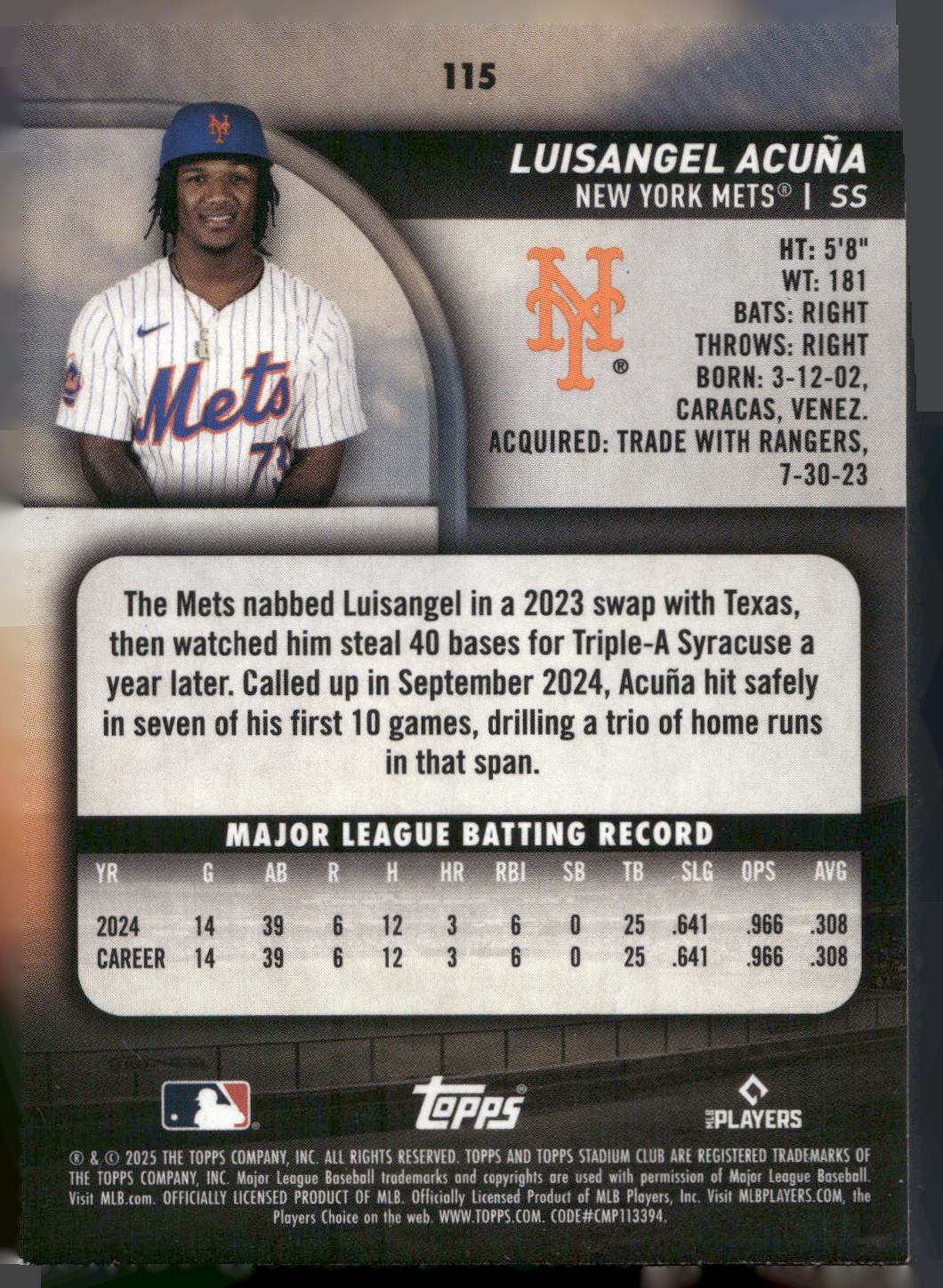 2025 Stadium Club #115 Luisangel Acuña