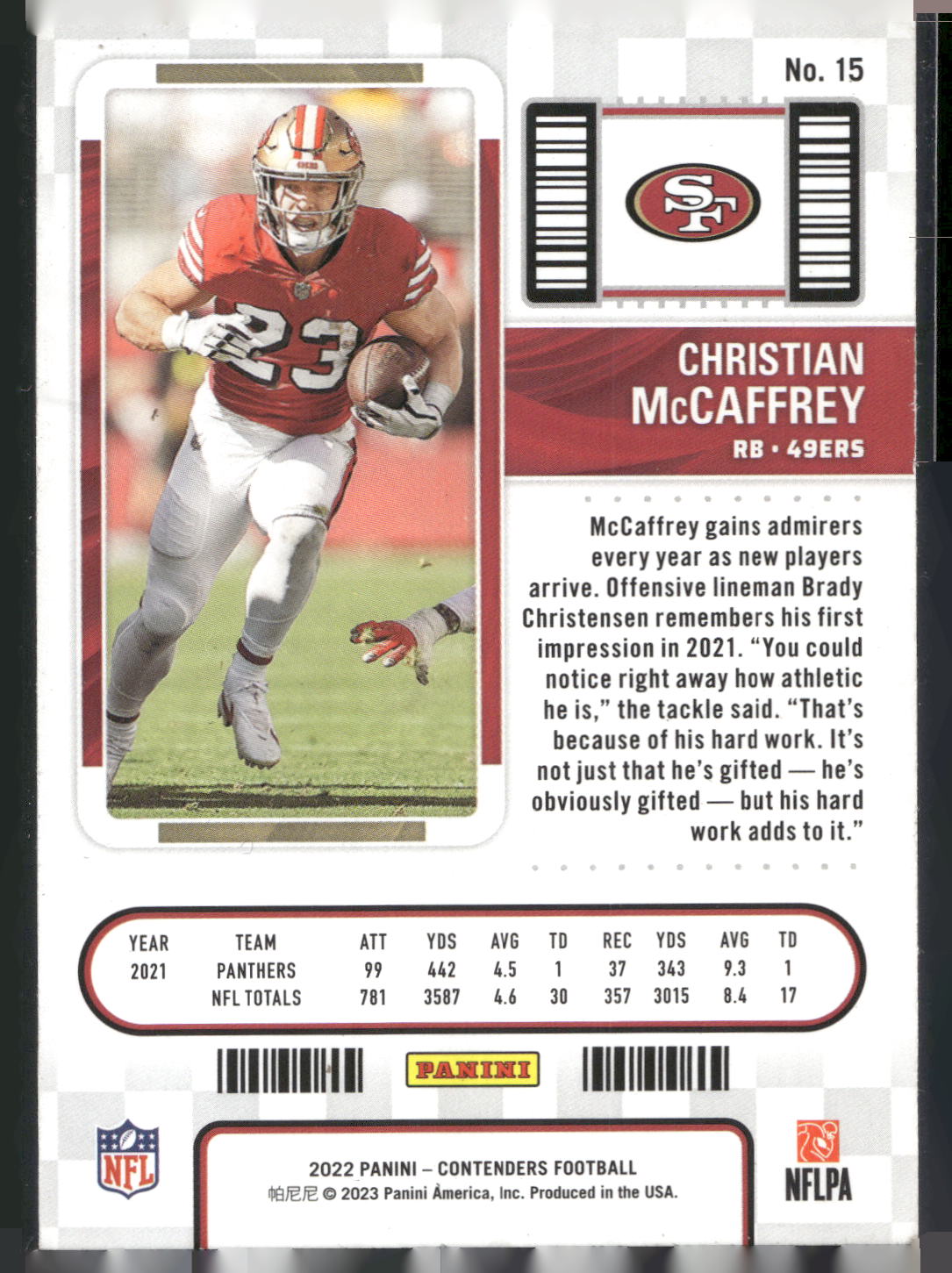 2022 Panini Contenders #15 Christian McCaffrey