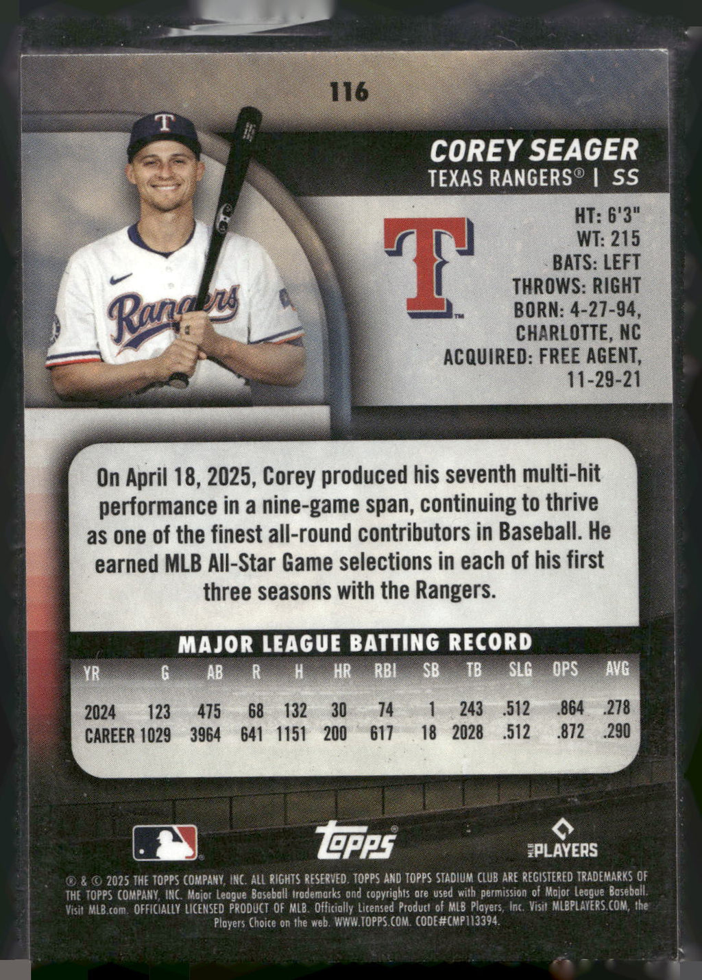 2025 Stadium Club #116 Corey Seager Pink Foil