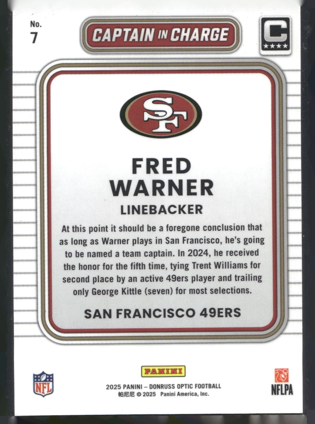 2025 Donruss Optic #7 Fred Warner Captain in Charge