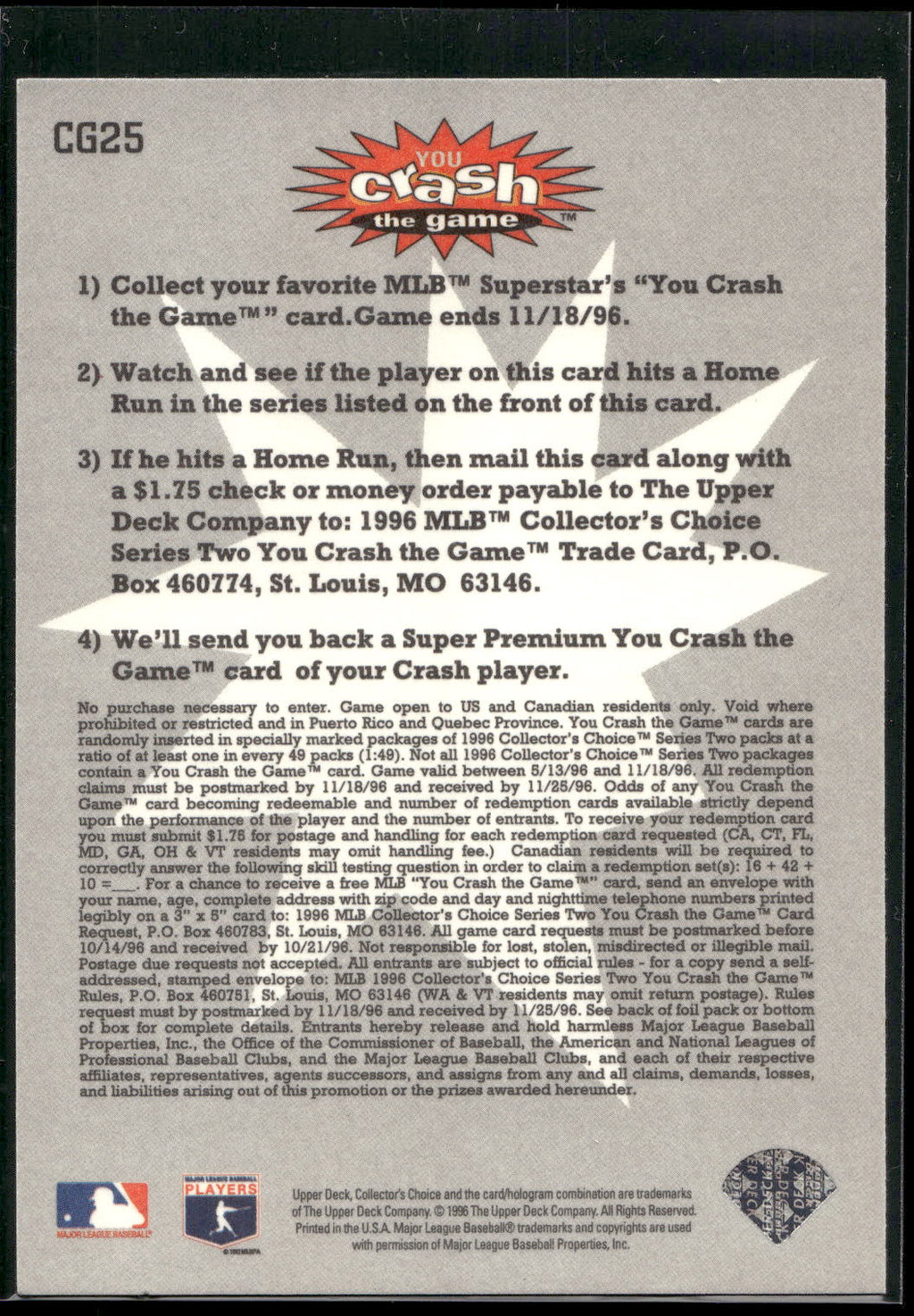 1996 Collector's Choice #CG25b Jay Buhner You Crash the Game