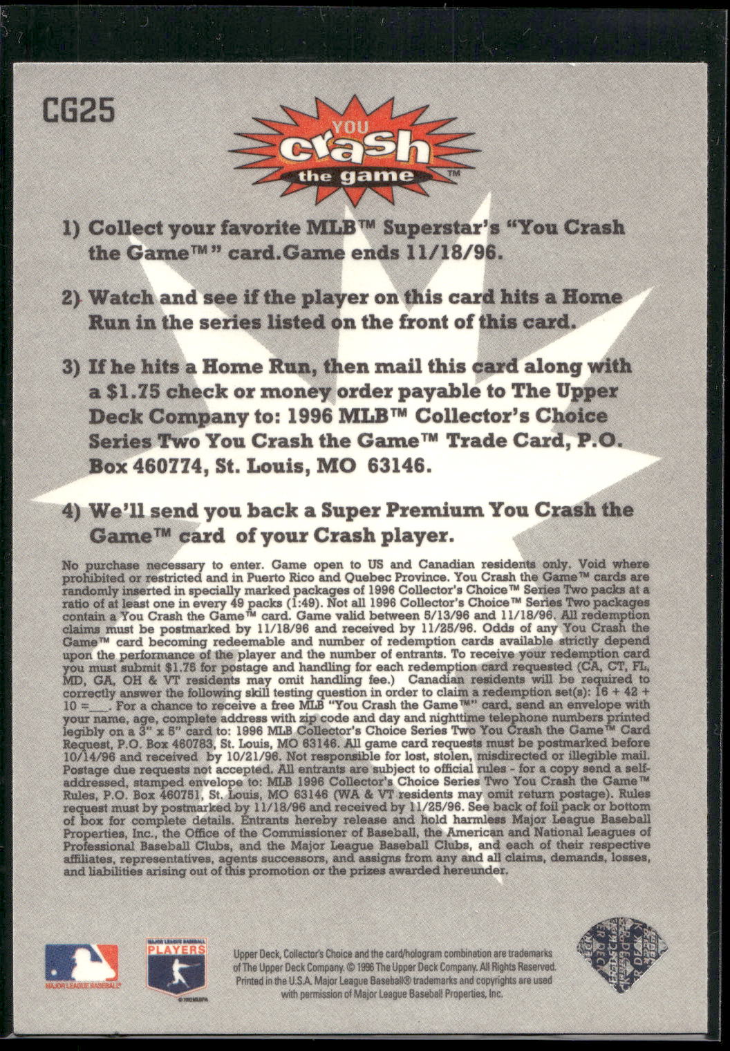 1996 Collector's Choice #CG25b Jay Buhner You Crash the Game