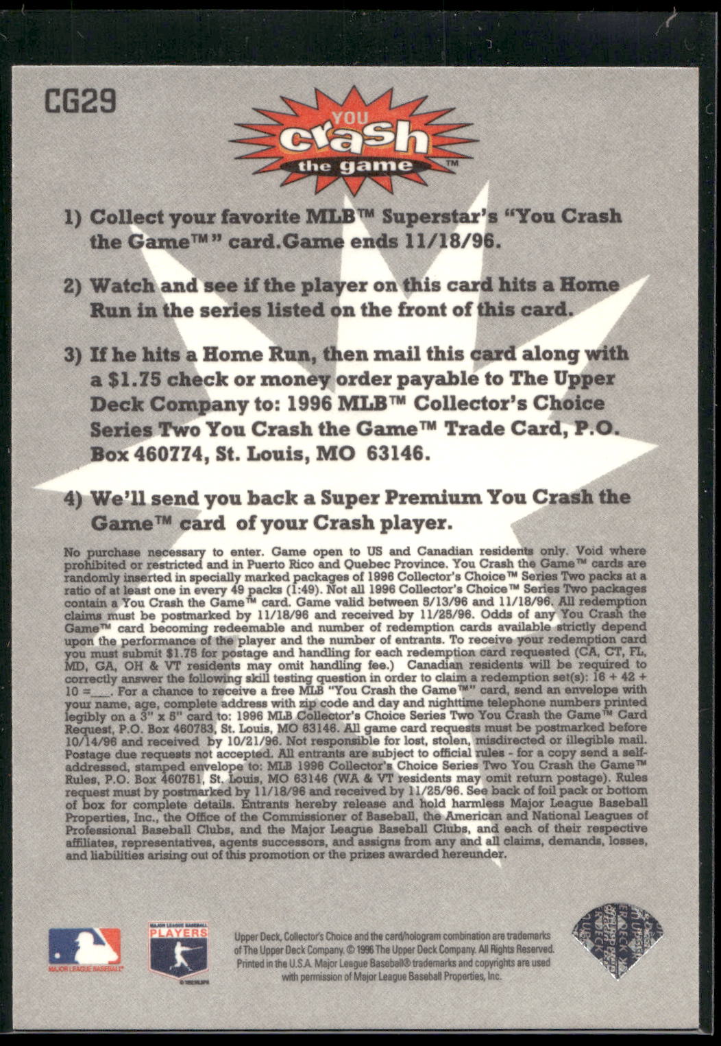 1996 Collector's Choice #CG29b Mickey Tettleton You Crash the Game
