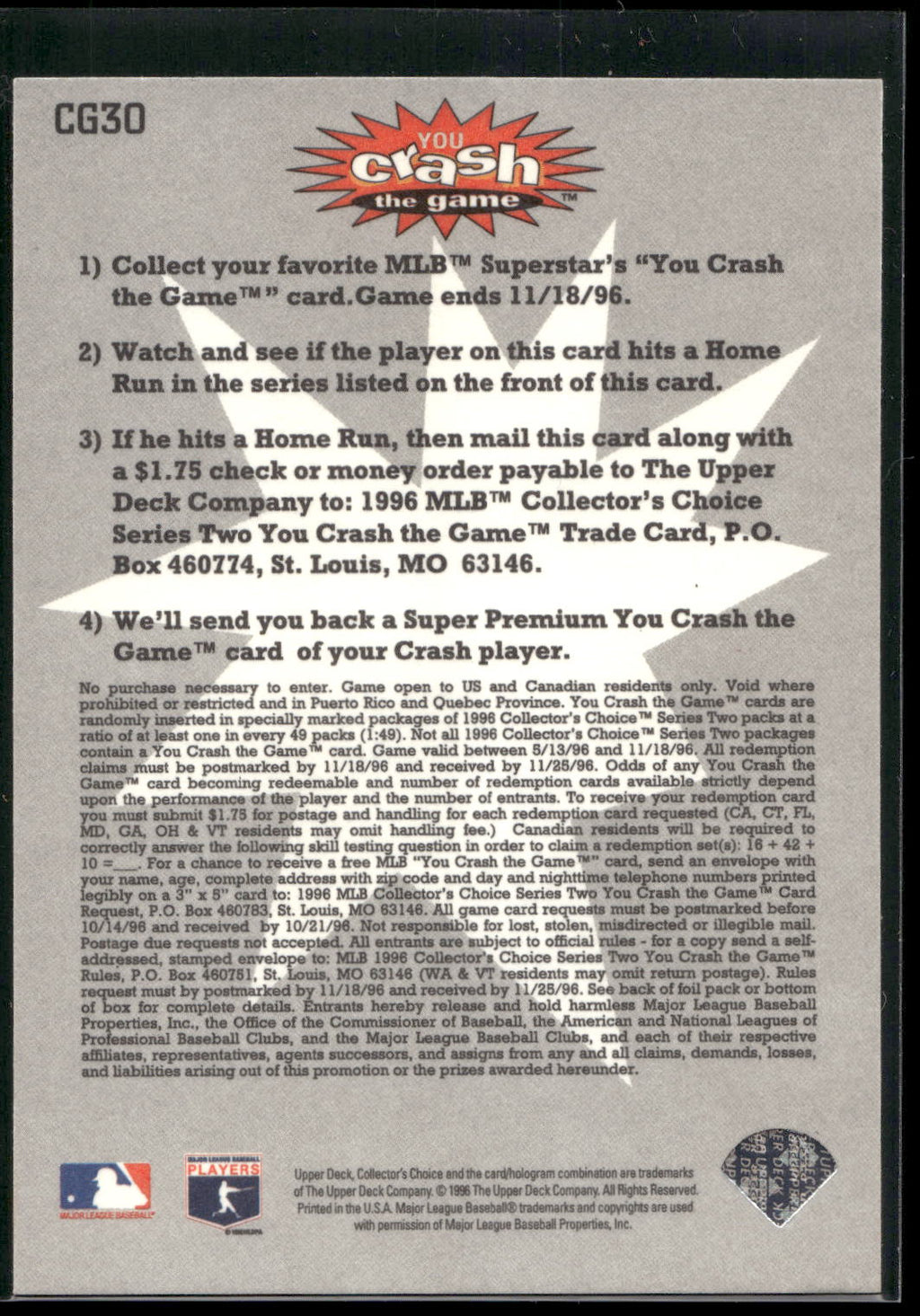 1996 Collector's Choice #CG30c Joe Carter You Crash the Game