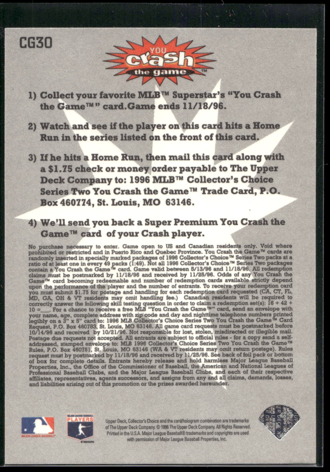 1996 Collector's Choice #CG30c Joe Carter You Crash the Game