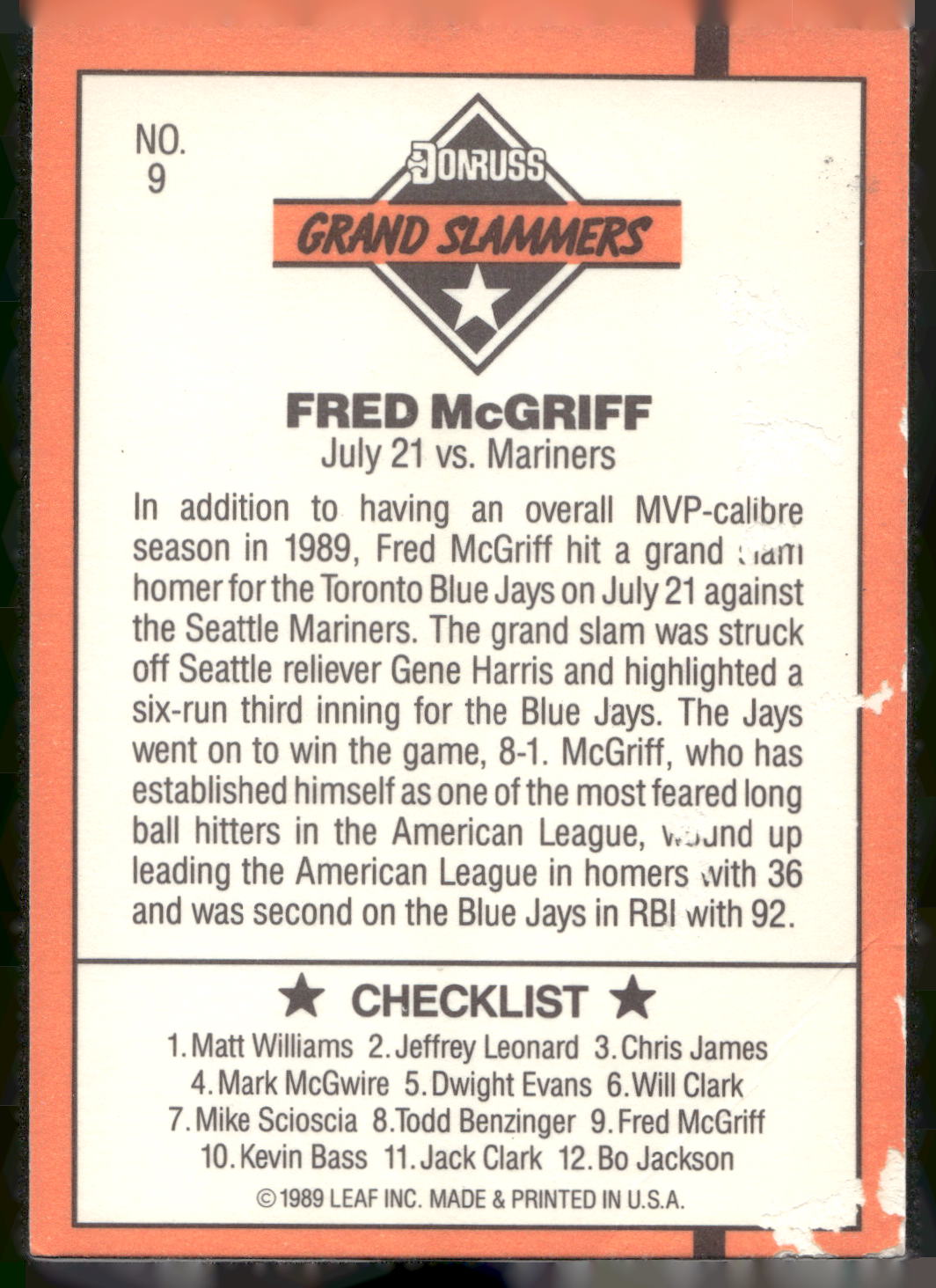 1990 Donruss #9i Fred McGriff Grand Slammers
