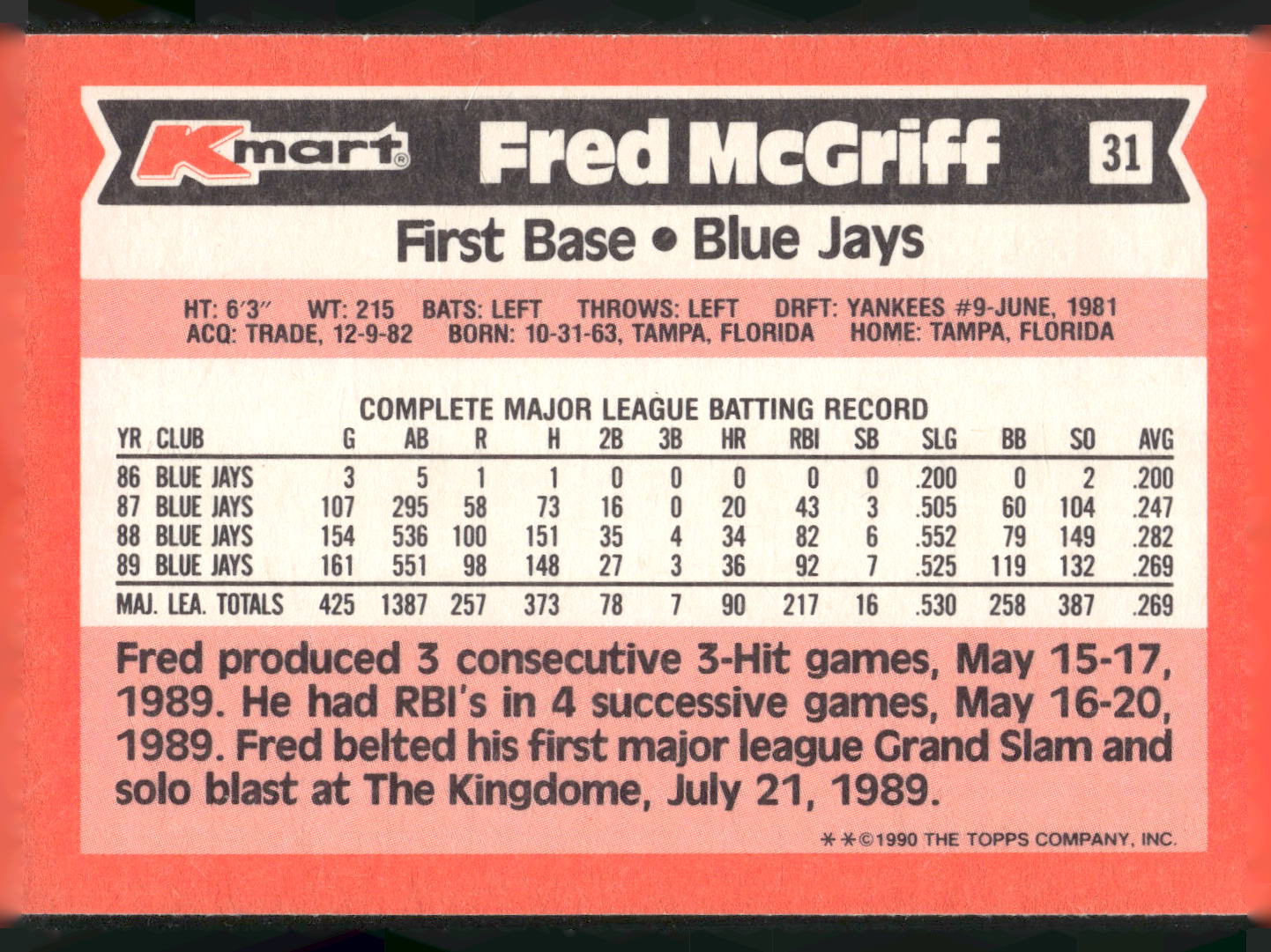 1990 Topps Kmart Super Stars #31 Fred McGriff