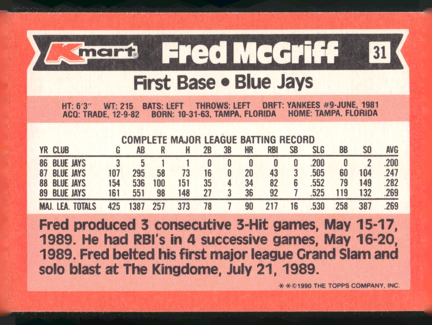1990 Topps Kmart Super Stars #31 Fred McGriff