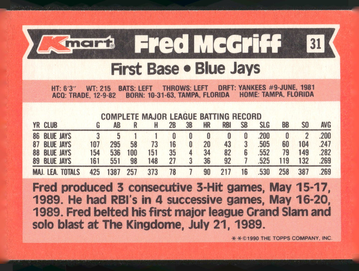 1990 Topps Kmart Super Stars #31 Fred McGriff