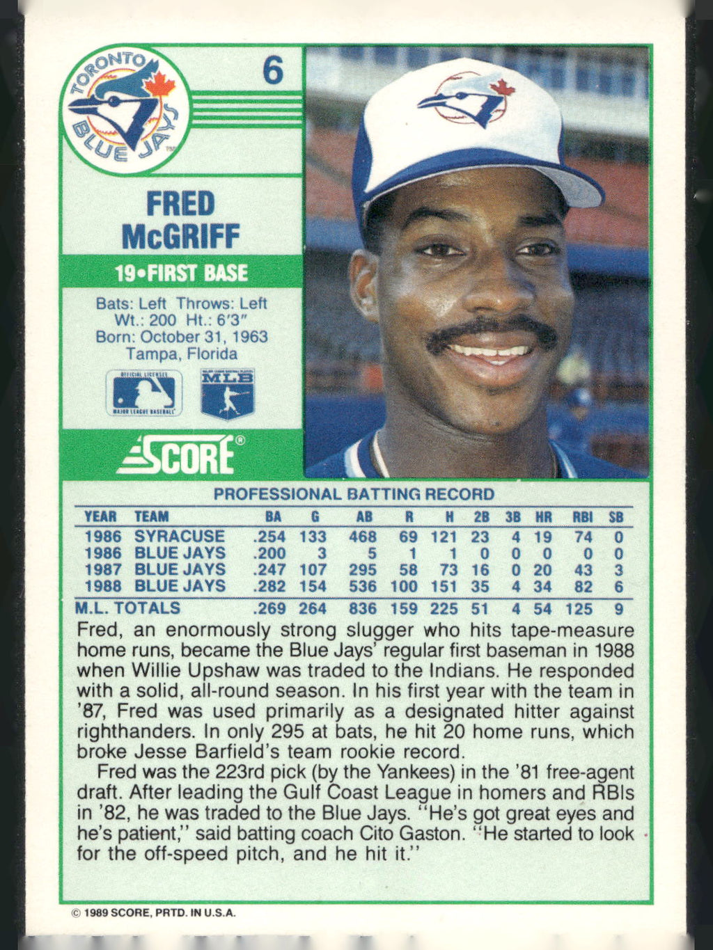 1989 Score #6 Fred McGriff
