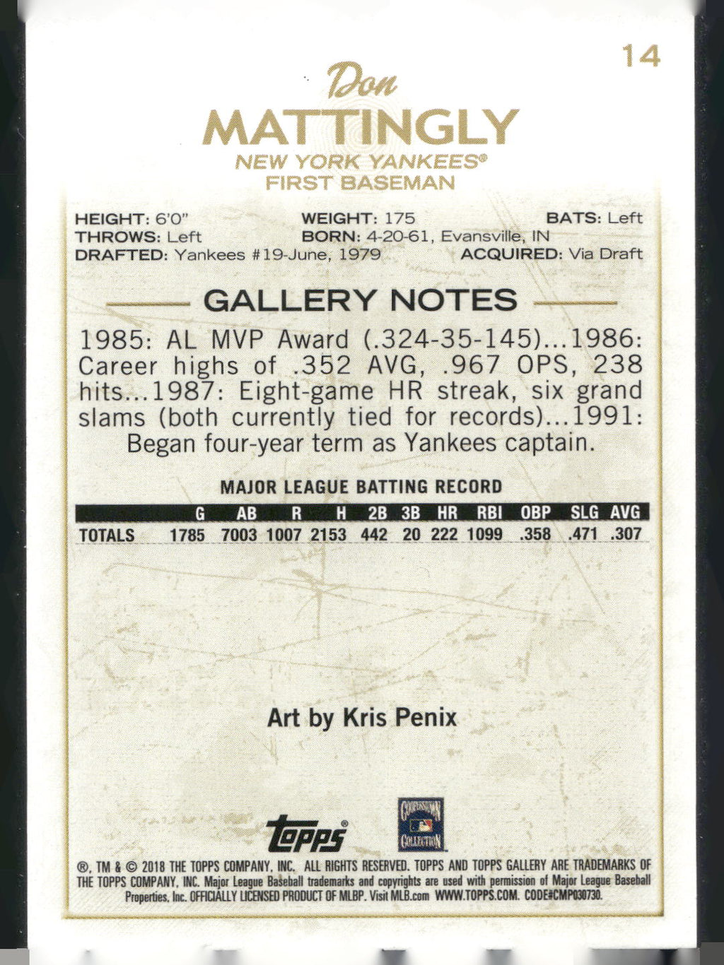 2018 Topps Gallery #14 Don Mattingly
