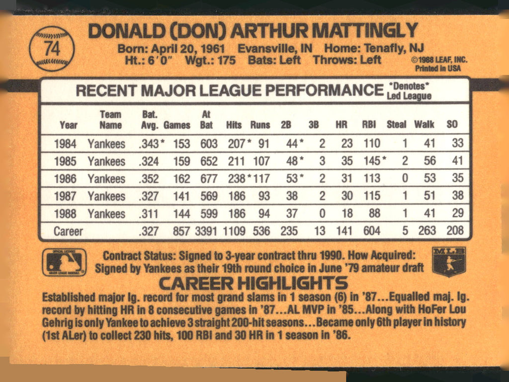 1989 Donruss #74 Don Mattingly
