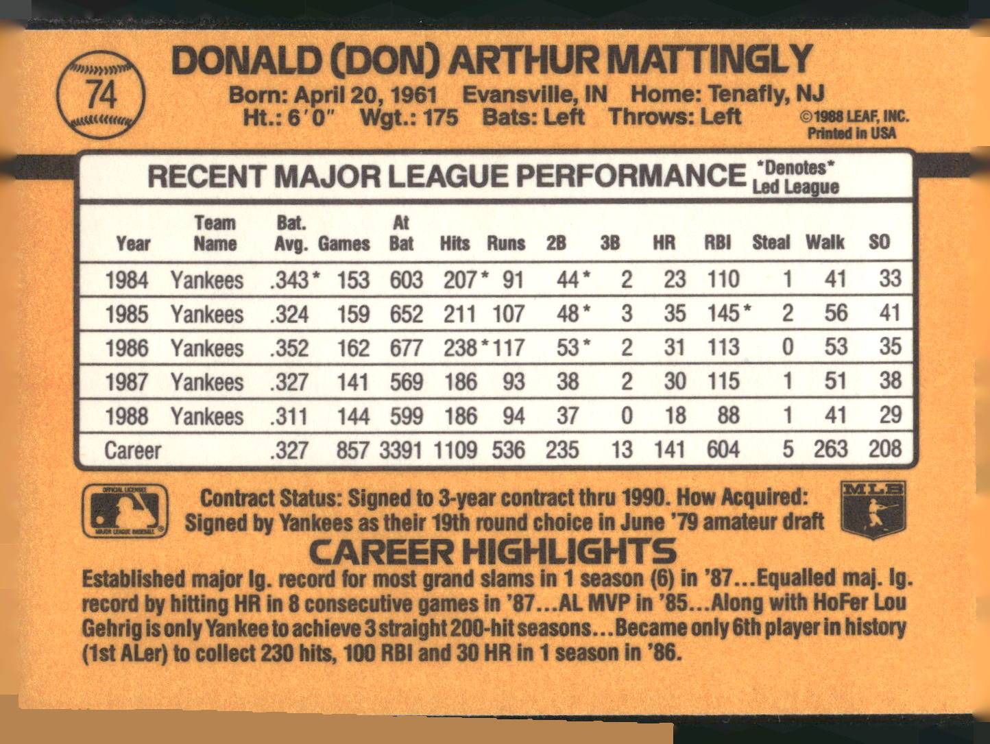 1989 Donruss #74 Don Mattingly