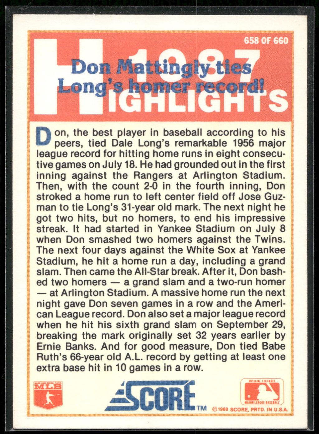 1988 Score #658 Don Mattingly